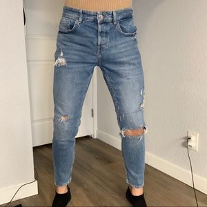 Zara man 32” ripped light blue wash slim fit jean